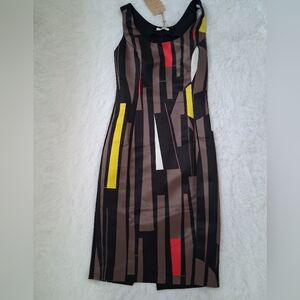 €250 ICEBERG Sheath Dress Geometric Print Bodycon Dress in Brown and Black